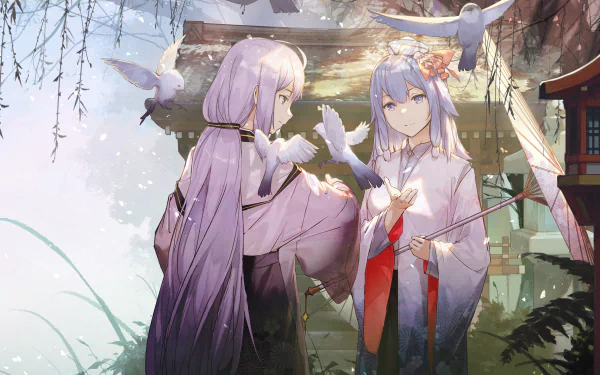 2K Quad HD PC desktop wallpaper/background of Vocaloid anime characters Xingchen and Haiyi: two lavender‑haired figures in shrine robes, one with an umbrella, doves and soft sunlight.