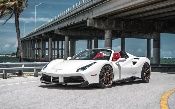 White Ferrari 488 supercar parked near a bridge under clear skies, captured in 8K Ultra HD for PC desktop wallpaper and background.