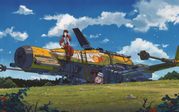 HD PC desktop wallpaper featuring a Studio Ghibli-style Star Wars crossover with BB-8 and a pilot relaxing on a detailed spaceship in a vibrant, lofi-inspired landscape.