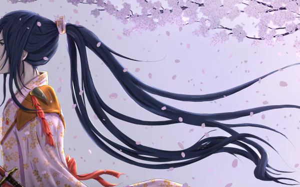 Anime-style illustration of a long-haired character in traditional clothing beneath cherry blossom branches, presented in 8K Ultra HD as a PC desktop wallpaper.