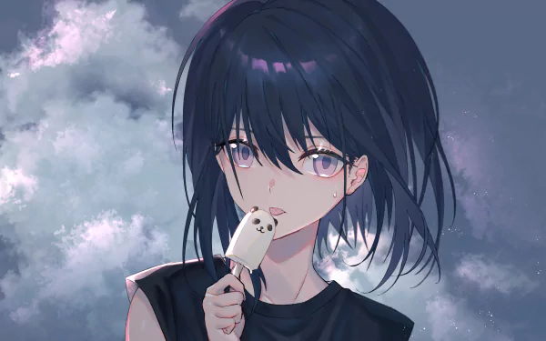 Original anime HD PC desktop wallpaper: purple-haired girl with purple eyes holding a popsicle against a moody cloudy sky.