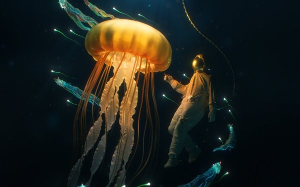 Fantasy Underwater Diver Jellyfish HD Wallpaper | Background Image