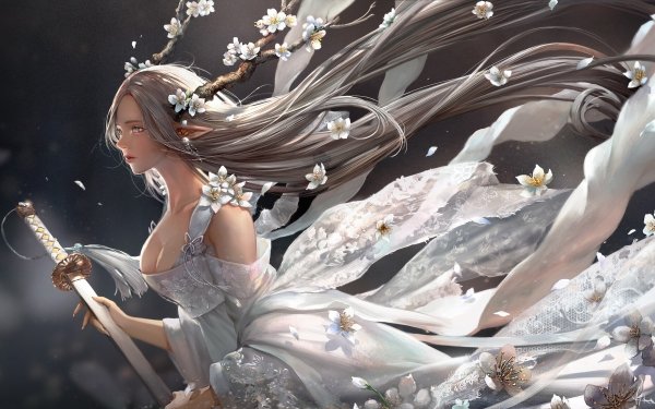 Fantasy Elf Flower Blonde Sword Long Hair HD Wallpaper | Background Image