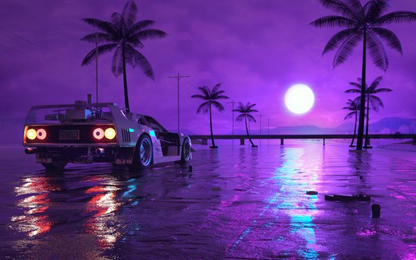 Artistic Retro Wave Car Moon Night Purple HD Wallpaper | Background Image