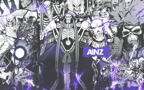 HD desktop wallpaper featuring Ainz Ooal Gown from the anime Overlord, showcasing various dynamic and striking poses of the character amidst a dark, mystical background.