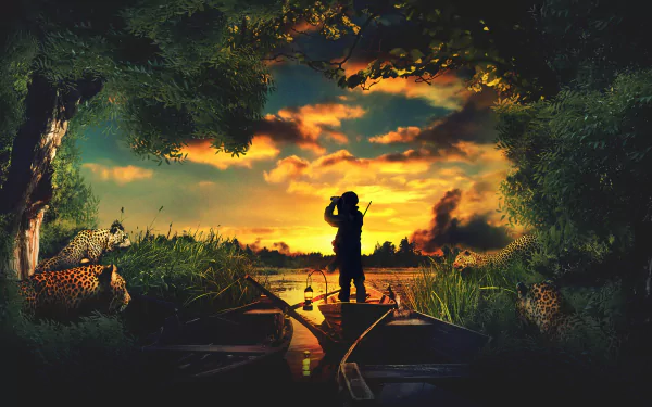 A fantasy adventure scene at sunset, featuring a silhouetted figure standing on a boat in a lush, wild landscape, rendered in stunning 4K Ultra HD for PC desktops.