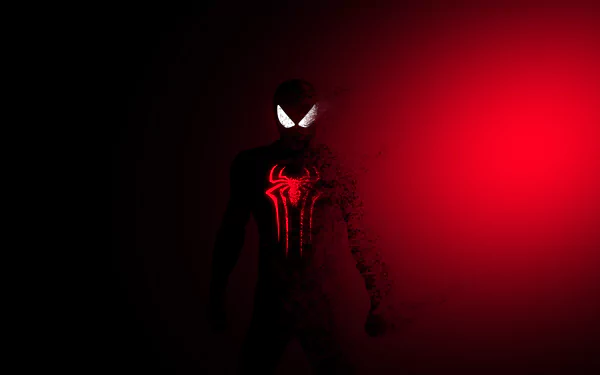 Minimalist Spider-Man comic design with glowing eyes and spider emblem, set against a dark red background, rendered in 4K Ultra HD for PC desktop wallpaper.