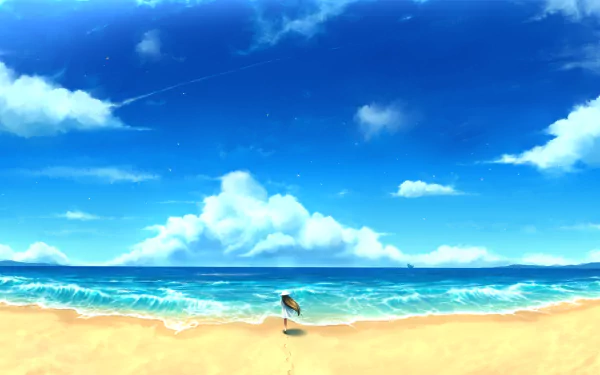 HD anime beach wallpaper featuring a serene shoreline, clear blue skies with fluffy clouds, and gentle waves.
