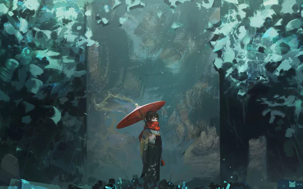 A fantasy scene featuring an oriental figure holding a red umbrella, standing amidst glowing blue foliage in a mystical forest, captured in 4K Ultra HD for PC desktop.
