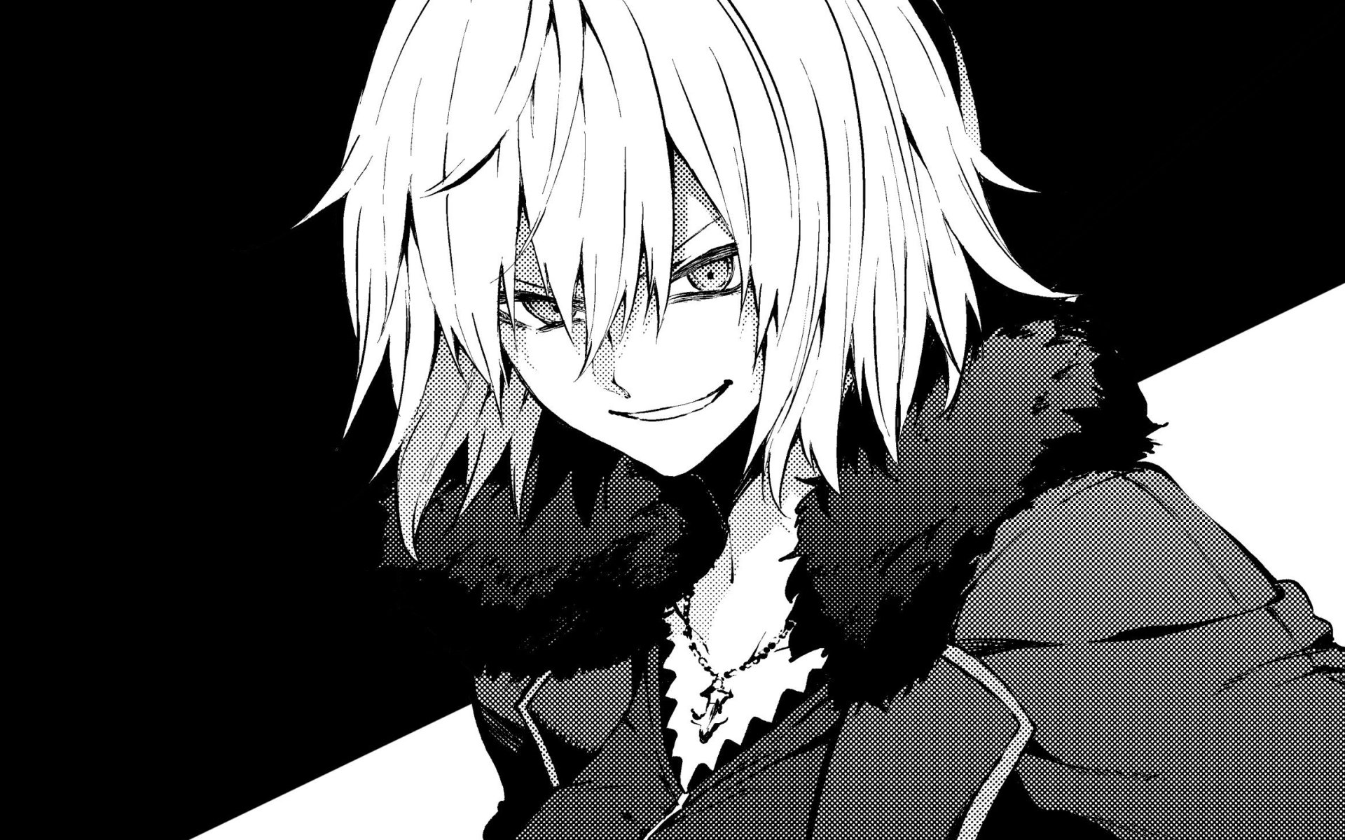 Black and white sketch of Jeanne d'Arc Alter from Fate/Grand Order with short hair and a necklace, styled in a monochrome anime art for an HD desktop wallpaper.