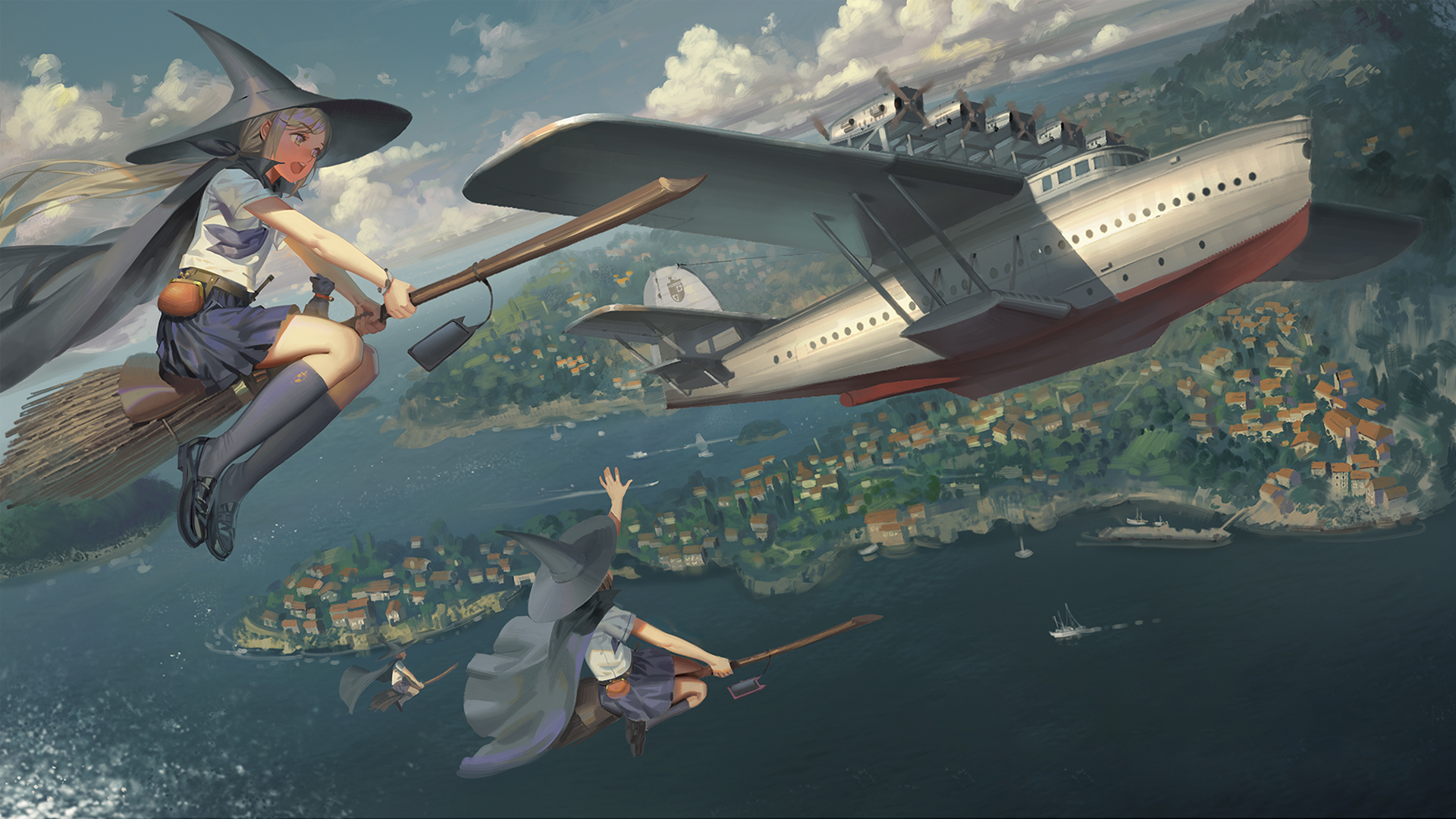 HD anime wallpaper featuring witches in school uniforms flying on broomsticks over a city and water, with a large airplane in the background.