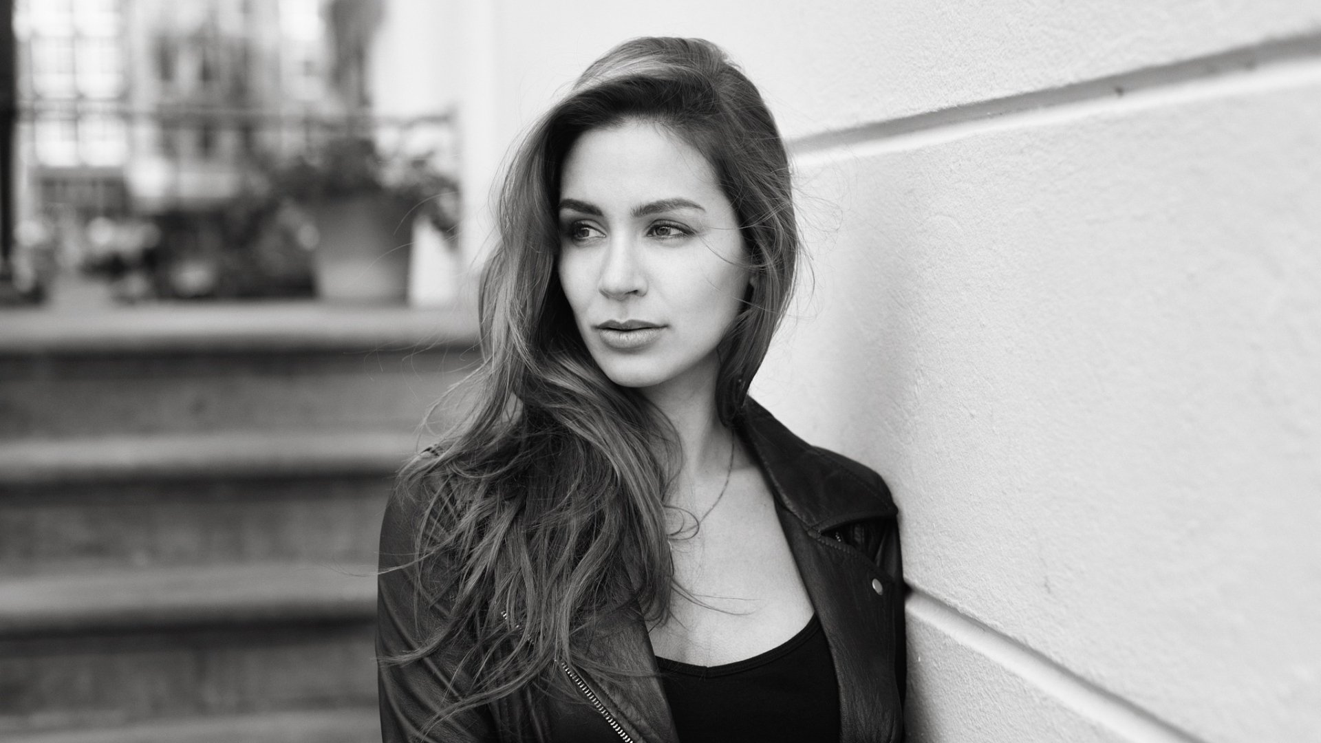 Download Leather Jacket Monochrome Woman Model HD Wallpaper