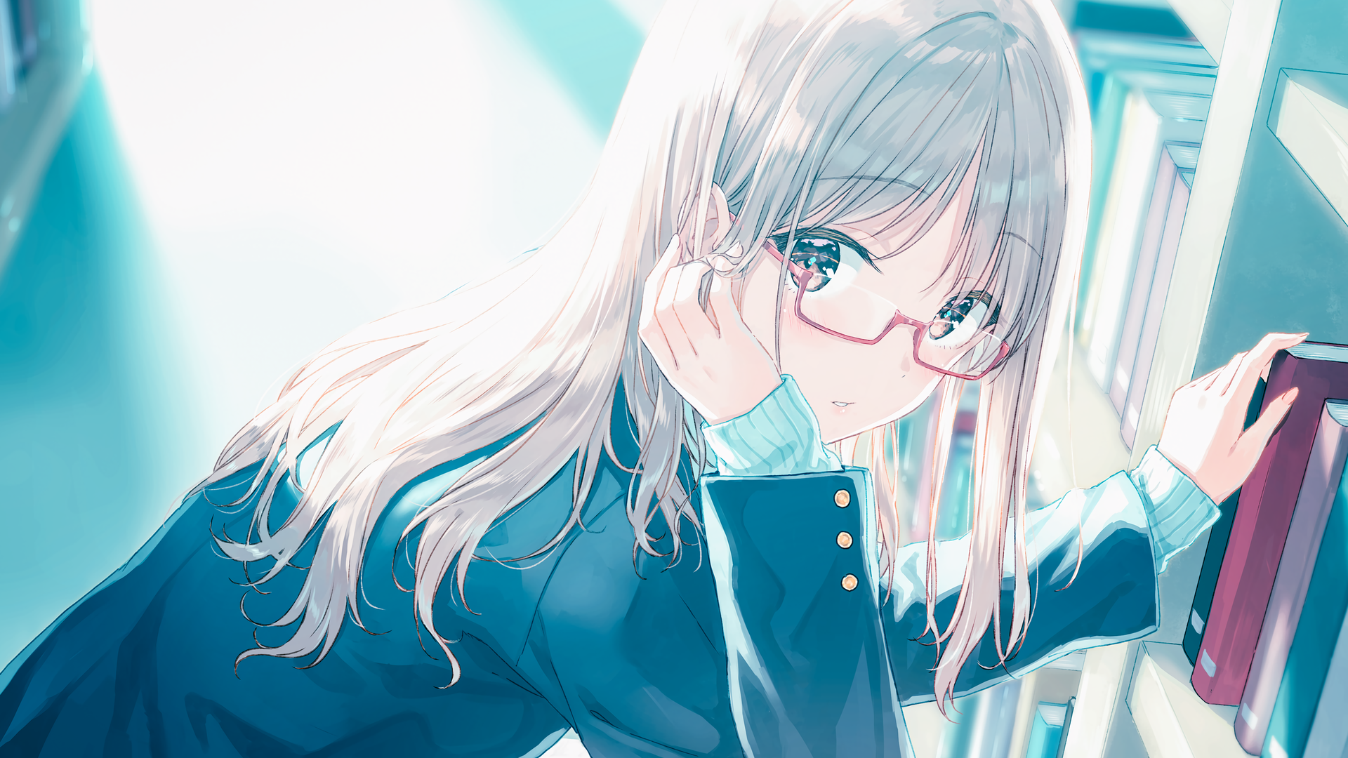 Anime girl with long blonde hair and grey eyes, wearing glasses and a school uniform, browses a bookshelf. The image is an HD desktop wallpaper and background.