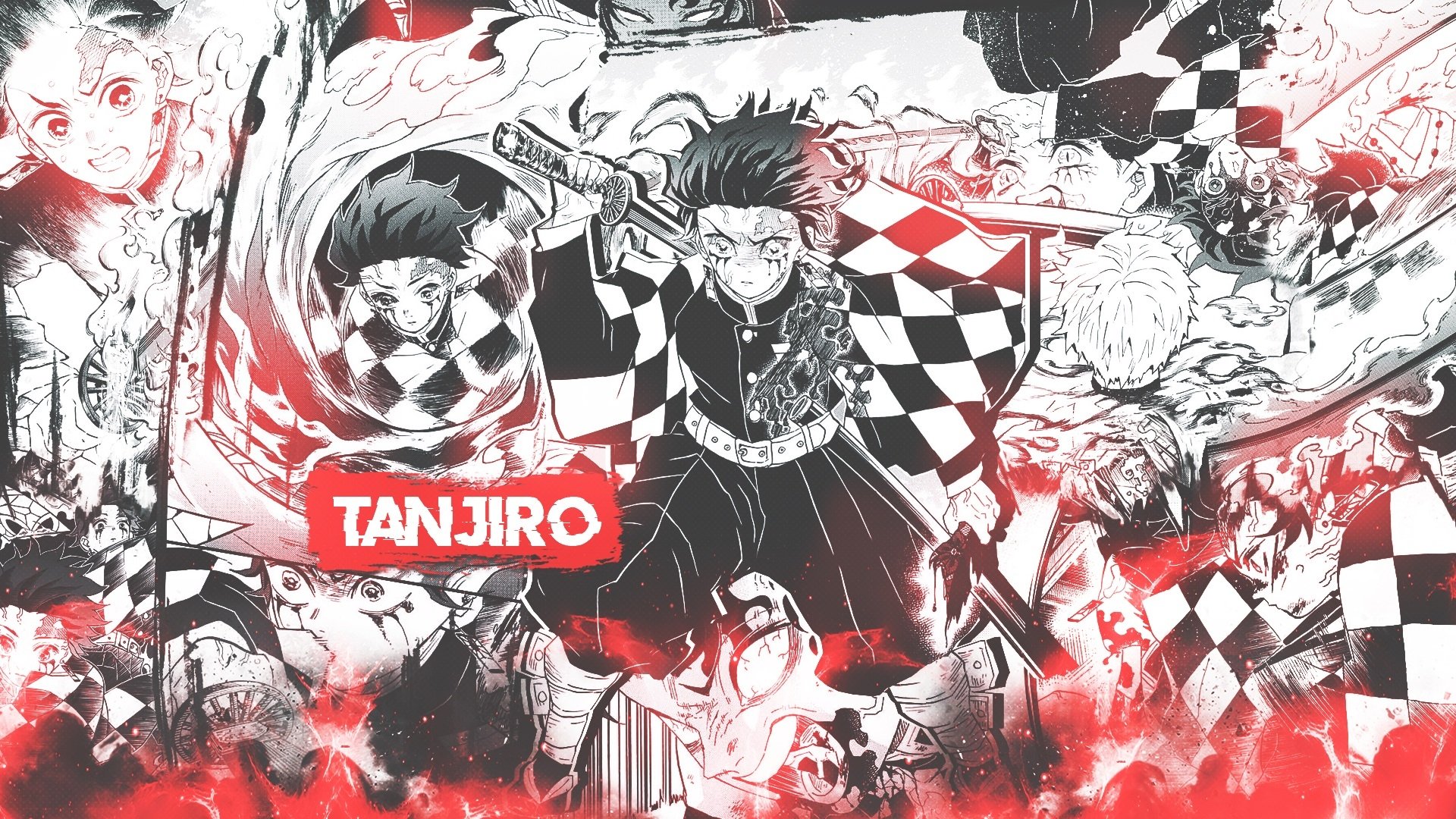HD PC desktop wallpaper featuring Tanjiro Kamado from the anime Demon Slayer: Kimetsu no Yaiba in dynamic action with vivid red and black tones.
