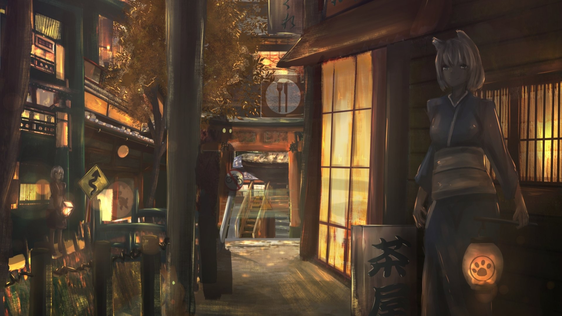 HD anime desktop wallpaper featuring a ghostly figure with animal ears standing in a dimly lit, traditional Japanese street at night.