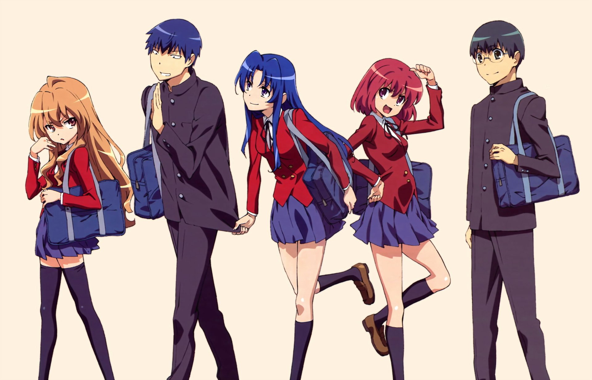 HD anime desktop wallpaper featuring Yusaku Kitamura, Ami Kawashima, Minori Kushieda, Taiga Aisaka, and Ryuuji Takasu from Toradora!