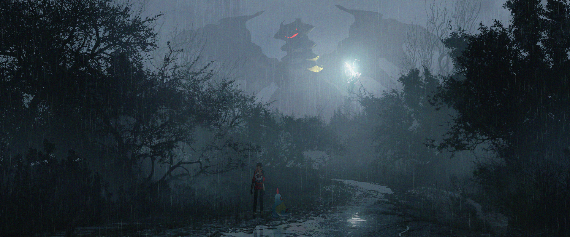 HD PC desktop wallpaper featuring Giratina and Croconaw from Pokémon in a dark, rainy anime-style forest setting.