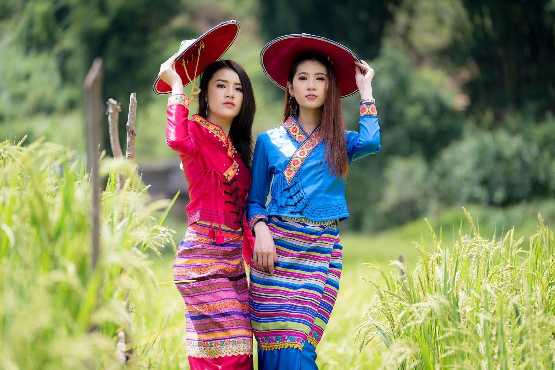 Two women in traditional costumes and Asian conical hats stand in a lush green field, captured with a soft depth of field, creating a vibrant HD desktop wallpaper.