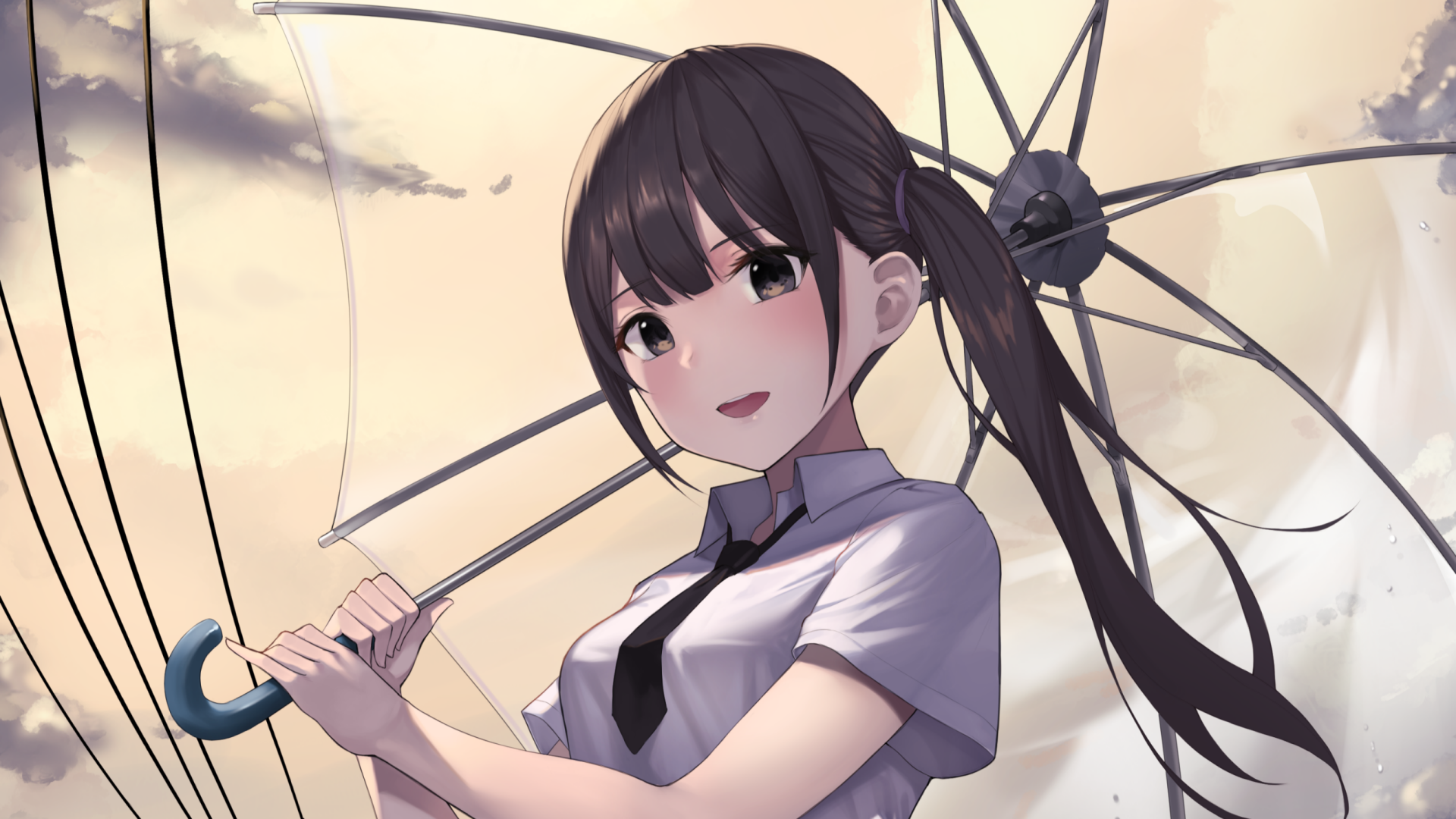 Download Umbrella Brown Hair Black Eyes Anime Original HD Wallpaper