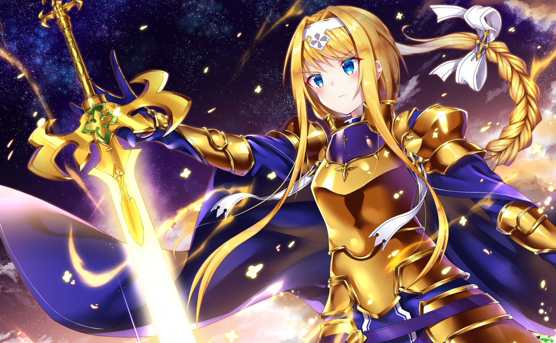 Anime illustration of Alice Zuberg from Sword Art Online: Alicization, depicting a blonde woman warrior with long braided hair, blue eyes, and golden armor holding a glowing sword. HD desktop wallpaper.