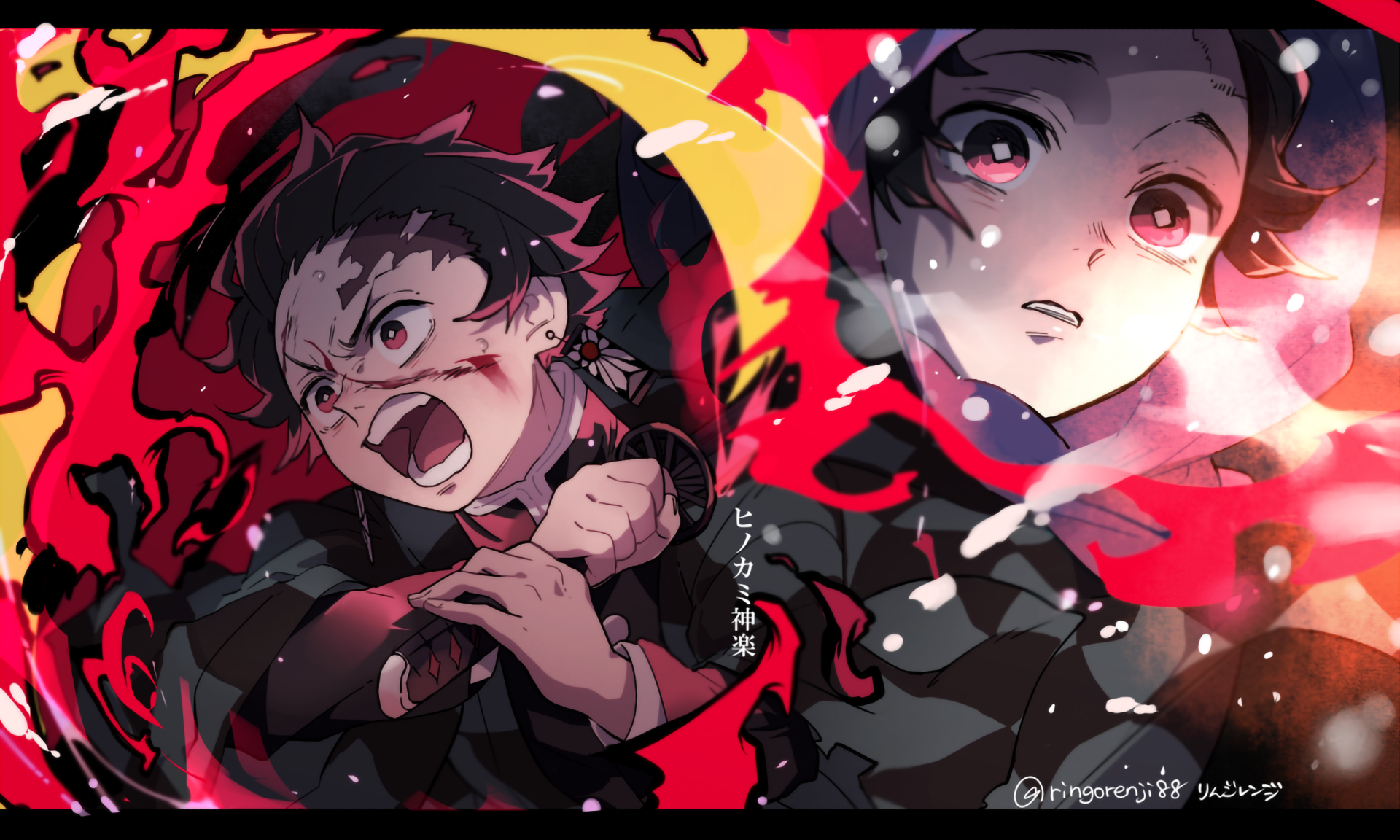 HD desktop wallpaper featuring Tanjiro Kamado from the anime Demon Slayer: Kimetsu no Yaiba. The image showcases dynamic and emotional scenes with vibrant colors.