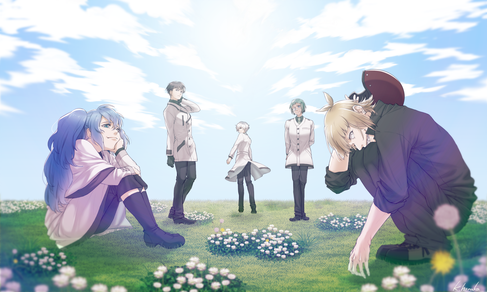 HD anime desktop wallpaper featuring Ginshi Shirazu, Tooru Mutsuki, Saiko Yonebayashi, Kuki Urie, Haise Sasaki, and Ken Kaneki from Tokyo Ghoul:re standing and sitting in a grassy field.