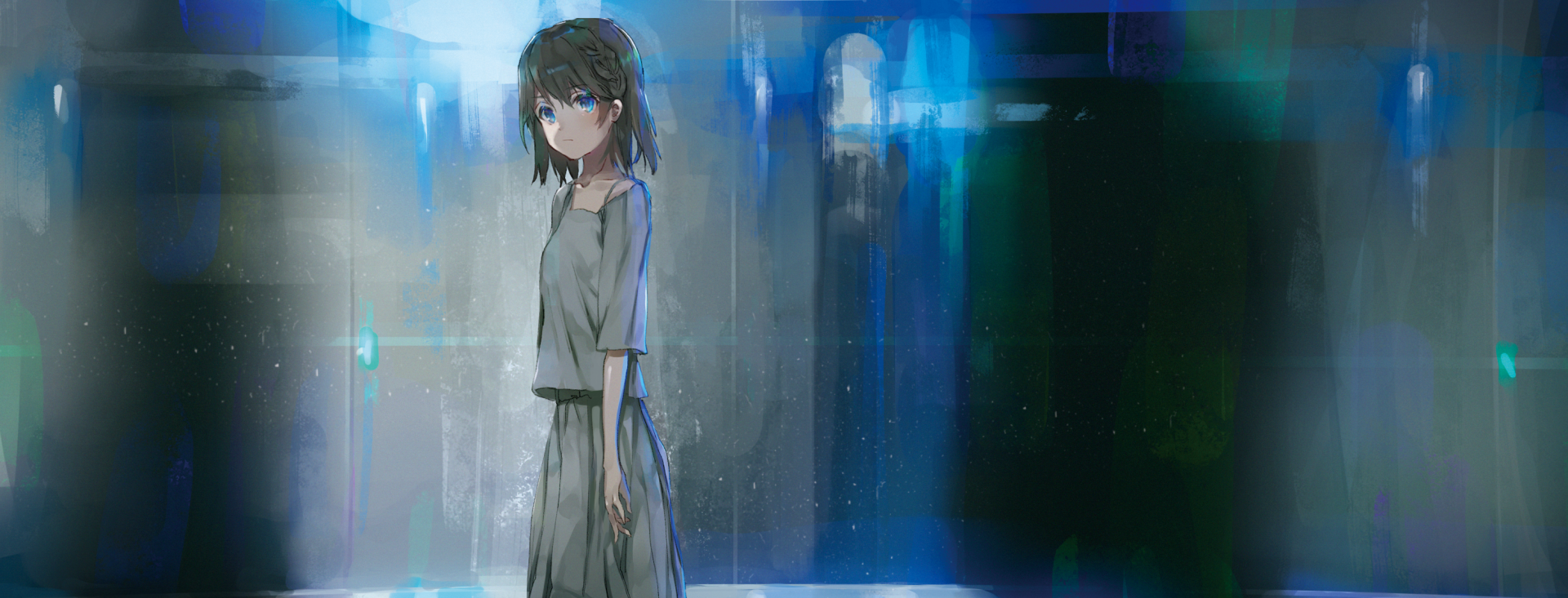 HD anime-style original artwork of a girl with short dark hair and blue eyes standing against an abstract, softly lit background, designed as a PC desktop wallpaper.