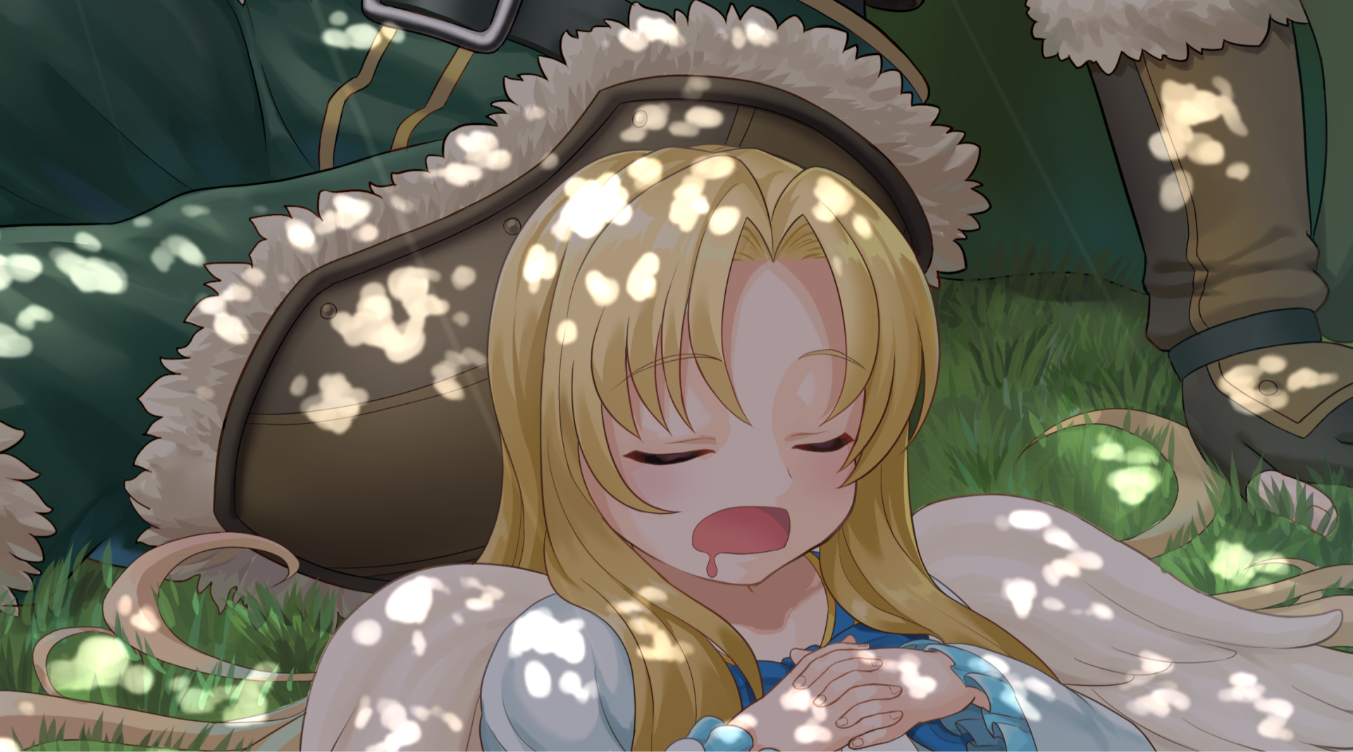 HD PC desktop wallpaper/background: anime Filo from The Rising of the Shield Hero sleeping on grass, dappled sunlight and petals, wearing a large fur-trimmed hat.