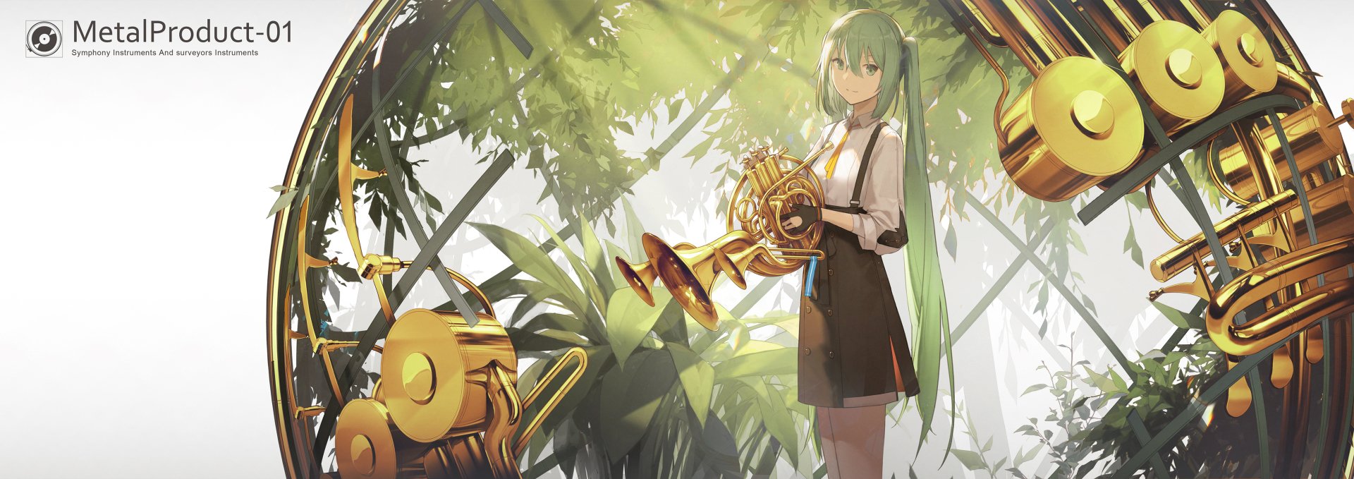HD PC desktop wallpaper featuring Hatsune Miku from Vocaloid, standing in a sunlit forest holding a French horn, surrounded by floating golden musical instruments.