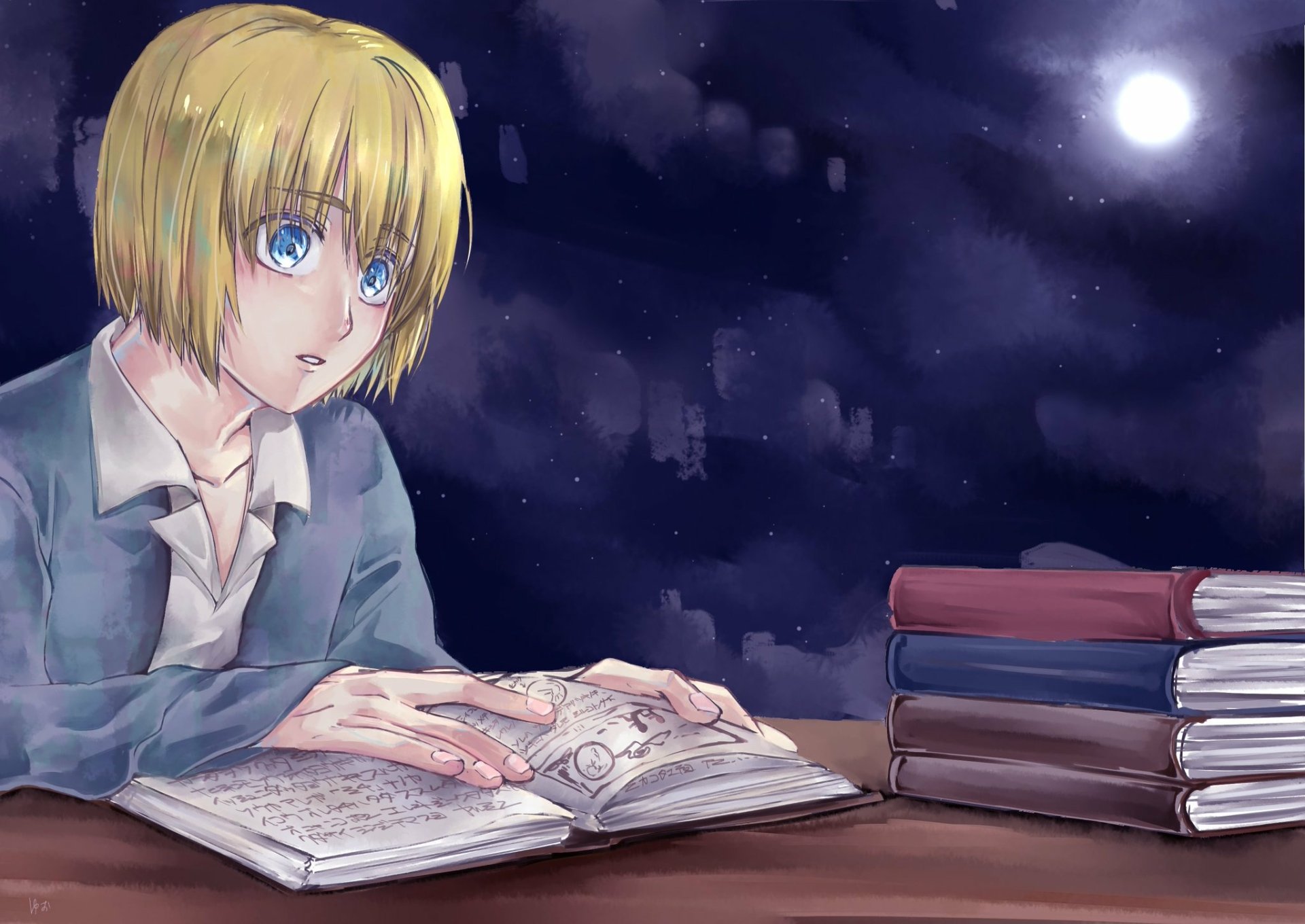Armin Arlert from Attack on Titan studies intensely at night, surrounded by books under a full moon, captured in a detailed anime-style HD desktop wallpaper.