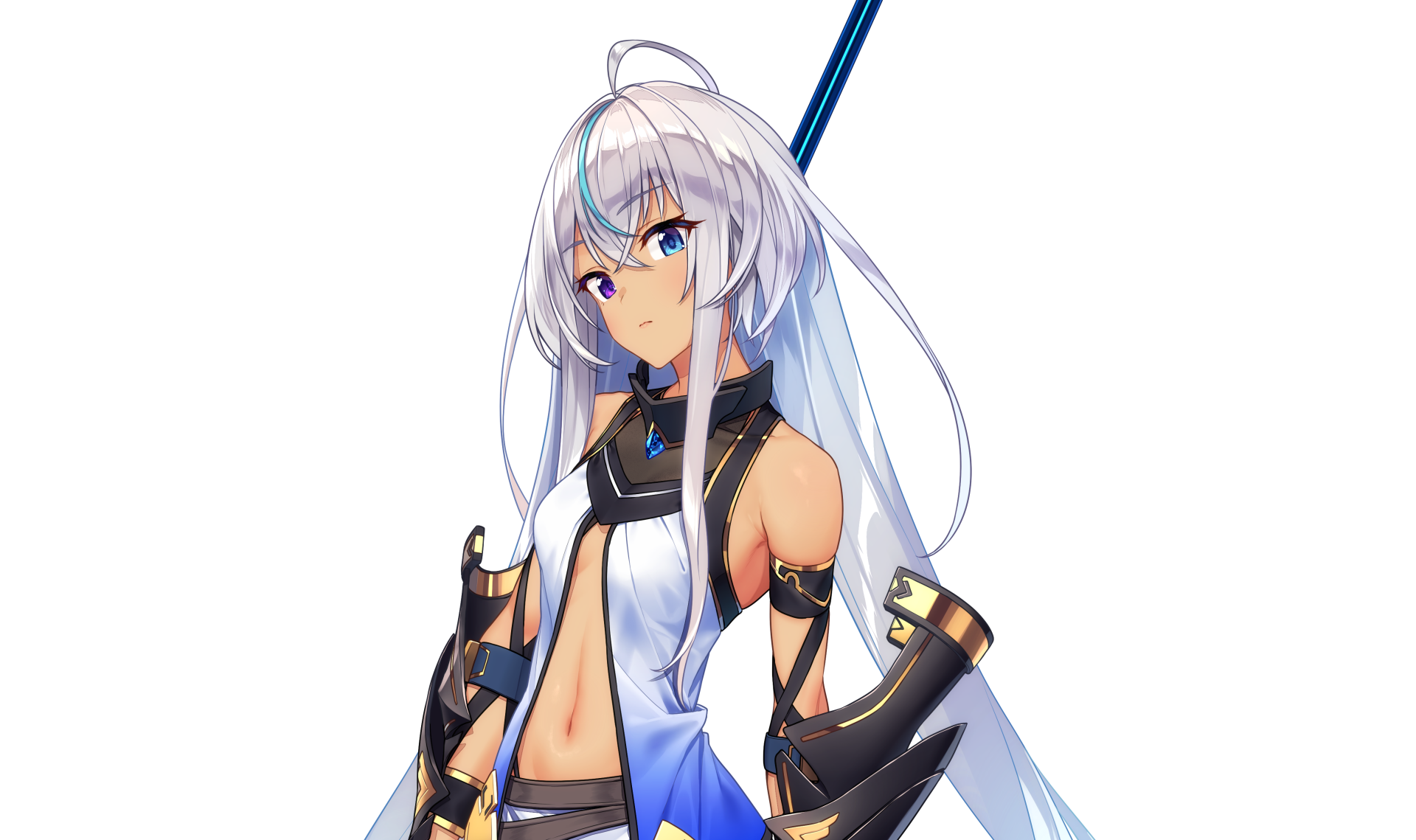 Original anime character with long grey hair and heterochromia, wearing futuristic armor and wielding a sword — 4K Ultra HD PC desktop wallpaper/background.