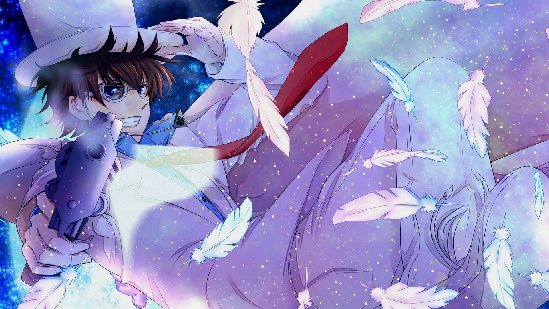 HD PC desktop wallpaper of Kaito Kuroba (Magic Kaito 1412): dramatic anime pose, flowing cape and drifting white feathers against a starry pastel backdrop; tagged Detective Conan.