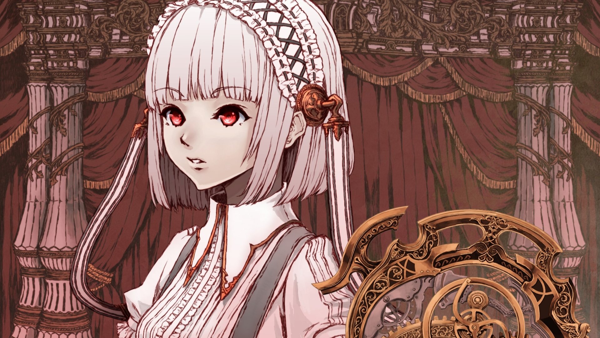 HD anime desktop wallpaper of an original character with striking red eyes, white hair, and intricate steampunk-inspired accessories against an ornate background.