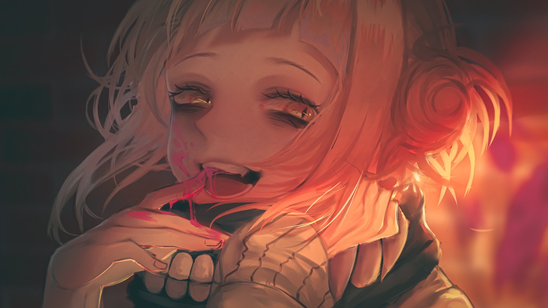 HD desktop wallpaper of Himiko Toga from My Hero Academia, featuring an intense and eerie close-up of her face with golden hues and a bloodstained smile.