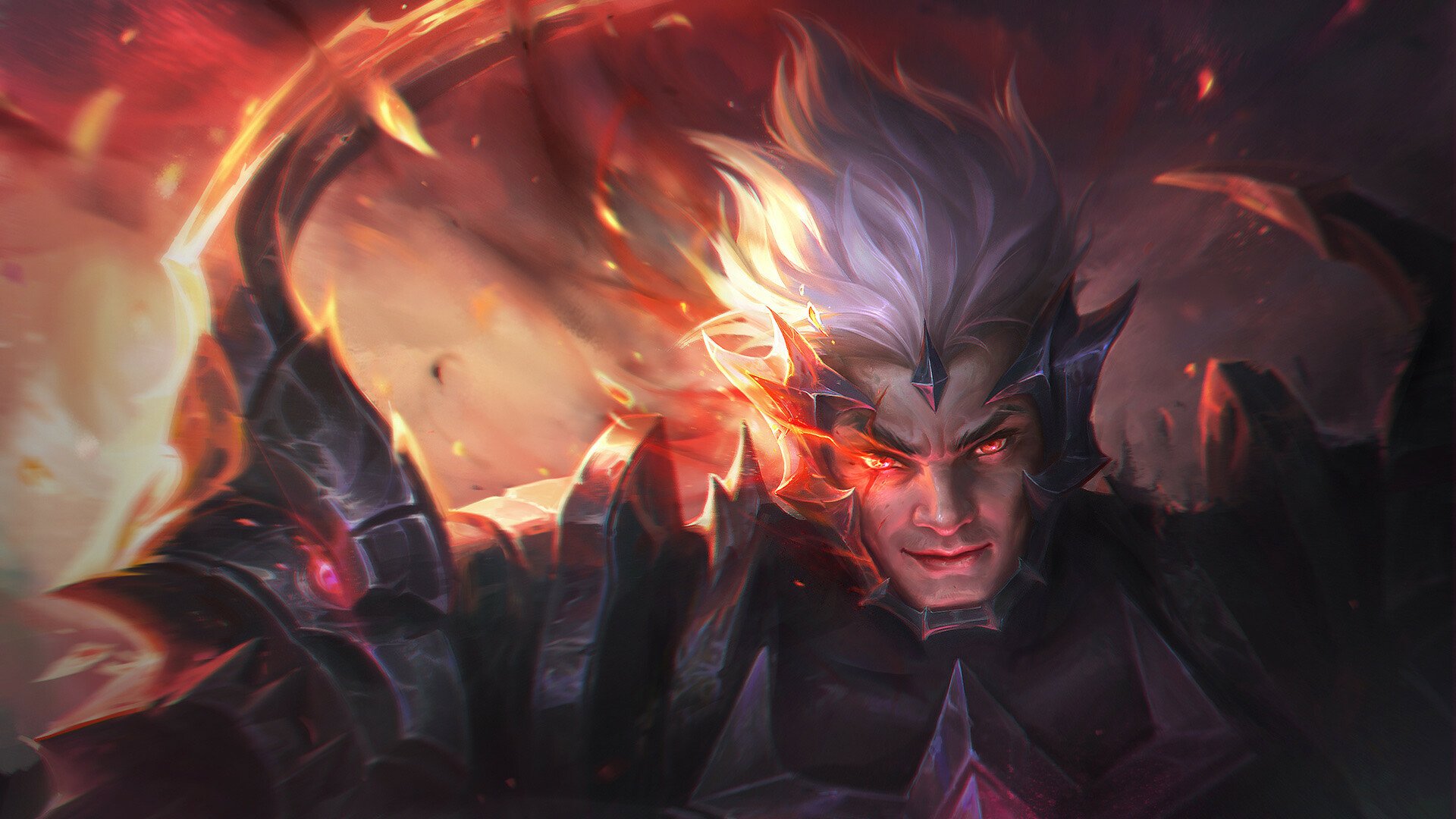 Yasuo from League of Legends, white-haired warrior with fiery eyes and dark armor, dynamic HD PC desktop wallpaper background for the video game.