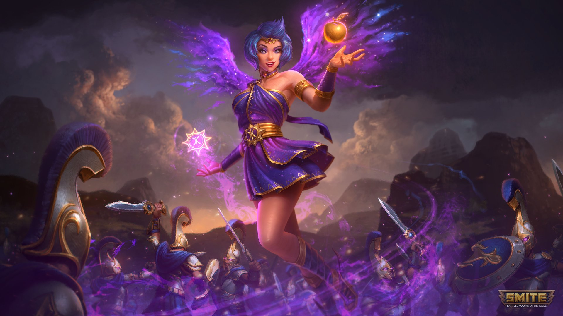 HD desktop wallpaper featuring Discordia from the video game Smite. She has short blue hair and wears a blue dress, surrounded by a magical aura, leading knights into battle with angelic wings.