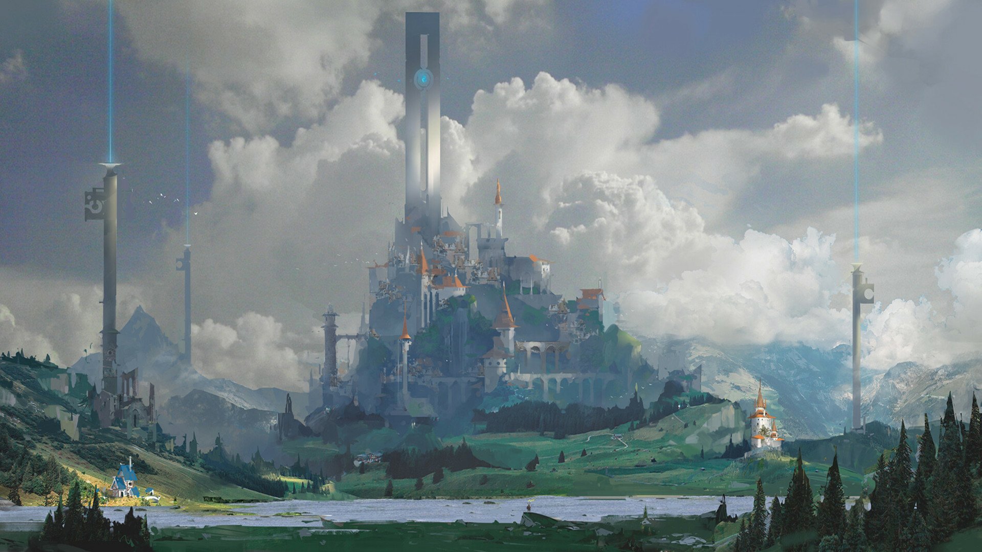 HD PC desktop wallpaper/background: a fantasy city—towering spires and a hilltop castle piercing cloud-filled skies above green plains and a reflective lake.