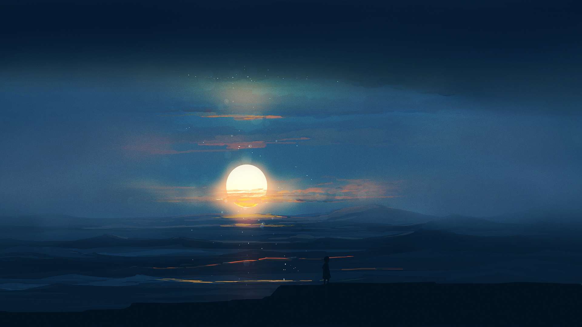 An HD Anime wallpaper depicting a solitary figure under a vibrant sunset sky with scattered clouds, casting a serene ambiance.