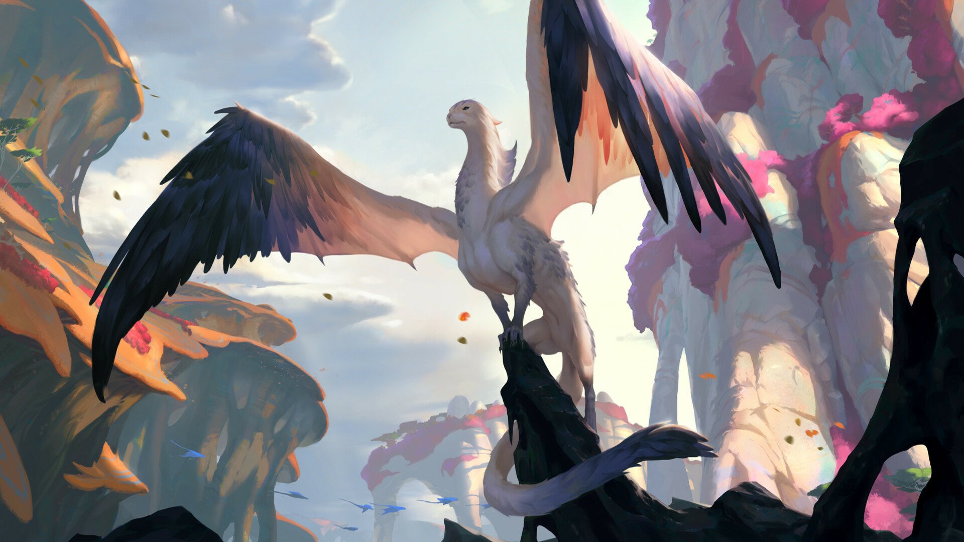HD desktop wallpaper featuring a majestic creature from the video game Legends of Runeterra soaring amid dramatic rocky landscapes.