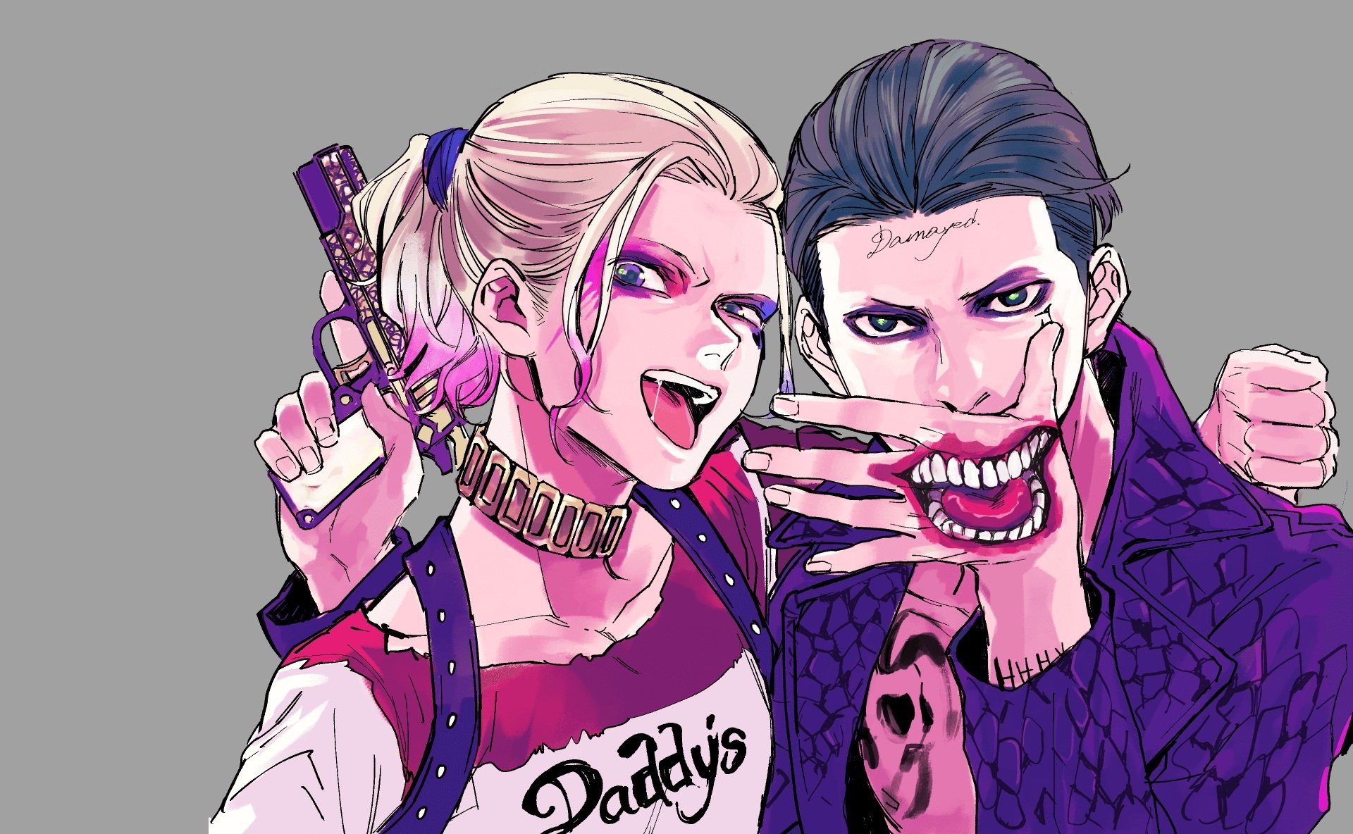 HD PC desktop wallpaper of anime Yuri Plisetsky and Otabek Altin from Yuri!!! on ICE — punk-styled portrait with playful grin and a faux mouth prop.