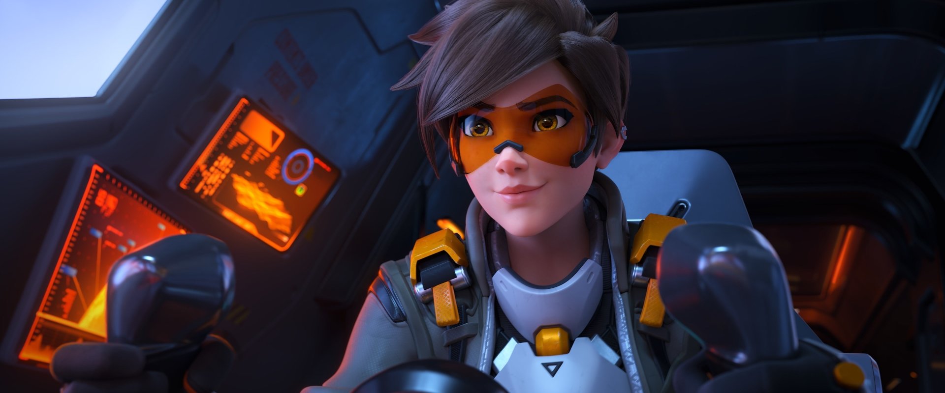 Tracer (Overwatch) from Overwatch 2 smiling in a cockpit, vivid video game render — 2K Quad HD PC desktop wallpaper and background.