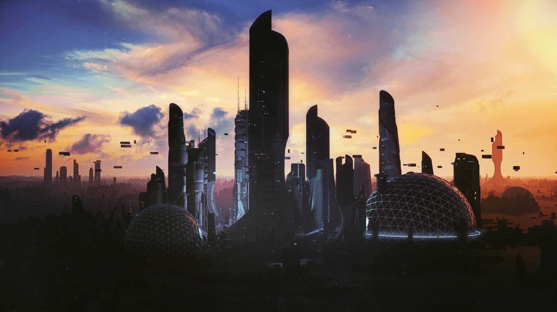 Futuristic cityscape featuring sleek skyscrapers and geodesic domes under a vibrant sunset sky in a sci-fi urban environment.