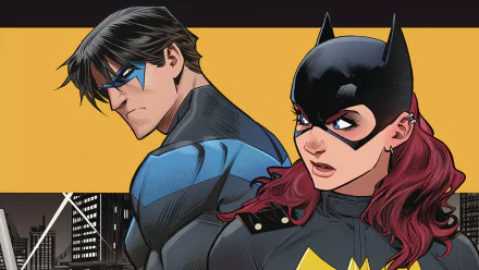 HD desktop wallpaper featuring DC Comics' Dick Grayson as Nightwing and Barbara Gordon as Batgirl in a bold, dynamic comic style.