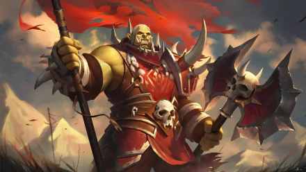 HD desktop wallpaper featuring Varok Saurfang, a powerful orc warrior from World of Warcraft, wielding a large axe against a fiery sky background.