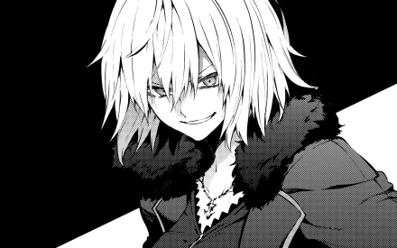 Black and white sketch of Jeanne d'Arc Alter from Fate/Grand Order with short hair and a necklace, styled in a monochrome anime art for an HD desktop wallpaper.