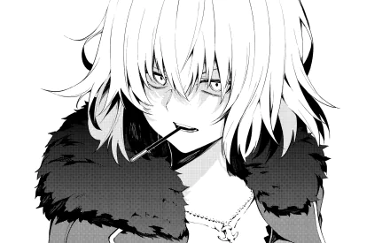 Black and white HD desktop wallpaper featuring Jeanne d'Arc Alter from Fate/Grand Order with short hair, a necklace, and fleur-de-lis motifs in a monochrome anime style.