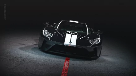 A sleek black Ford GT supercar with white racing stripes, captured in a dramatic 4K Ultra HD wallpaper format against a dark background.