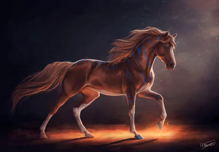 Fantasy-themed HD PC desktop wallpaper featuring a majestic horse with glowing blue markings, set against a dark, mystical background.