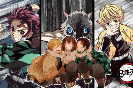 HD desktop wallpaper featuring Tanjiro Kamado, Inosuke Hashibira, and Zenitsu Agatsuma from the anime Demon Slayer: Kimetsu no Yaiba, in various dynamic poses and a group hug.