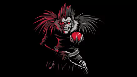 HD desktop wallpaper featuring Ryuk from Death Note, showcasing the Shinigami holding a bright red apple against a dark background with a detailed and intense artistic style.